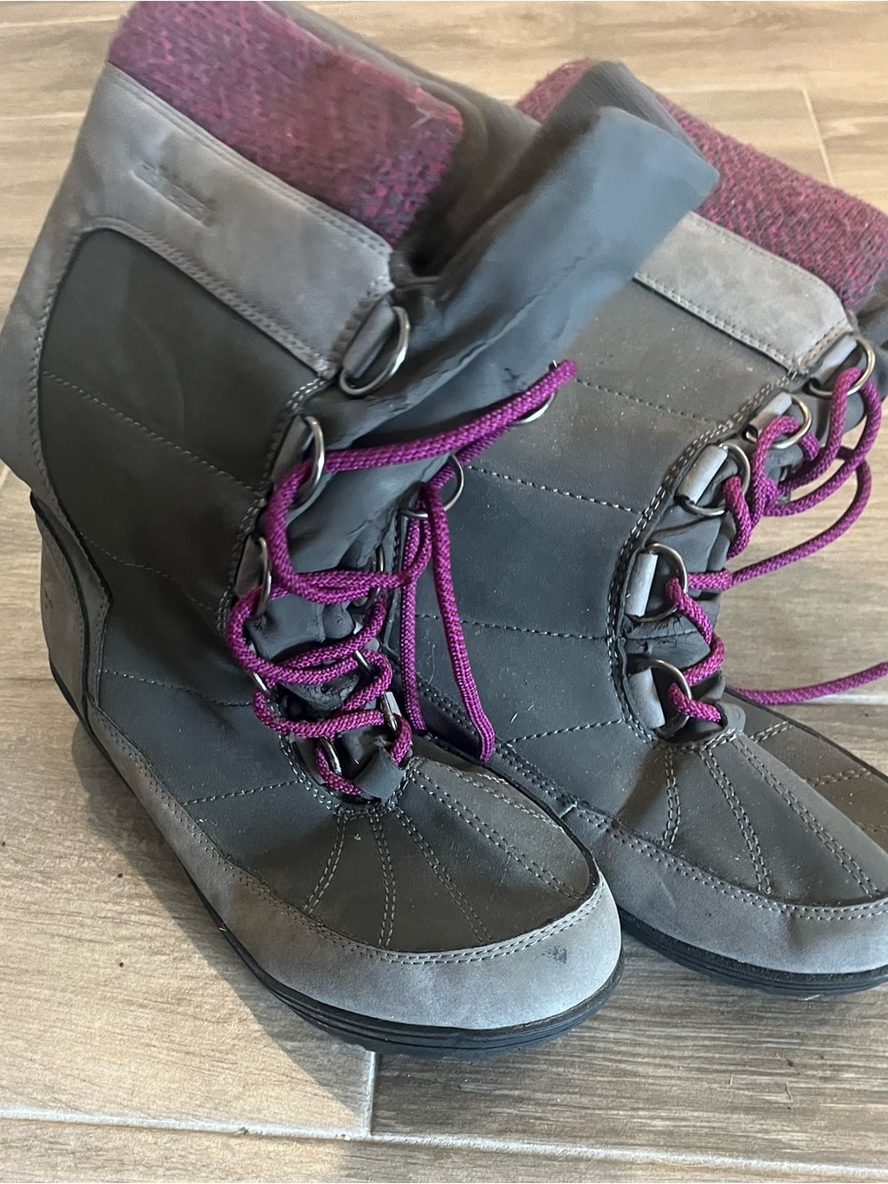 Athletech Gray Winter Boots with Purple Laces and Cuff